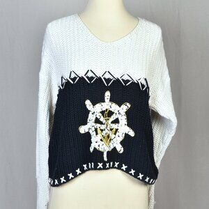 Apart Vintage Sweater Nautical Wheel and Anchor Navy and Cream Size M